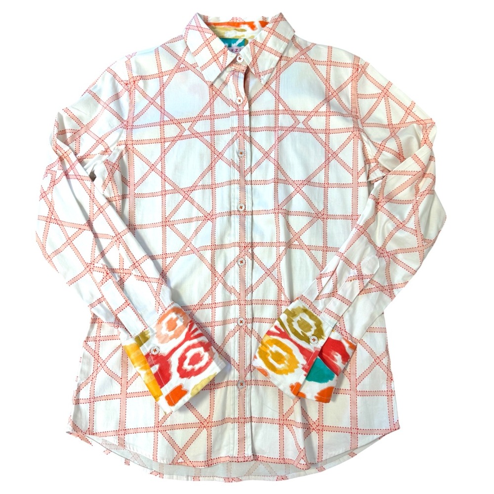 Tizzie Dizzy Lizzie Lattice Print Contrast Cuffs Cotton Stretch Trellis Ikat Med